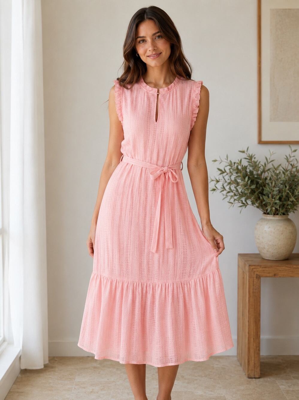 NWT! LOFT Peach Textured Tiered Ruffle Midi Dress L